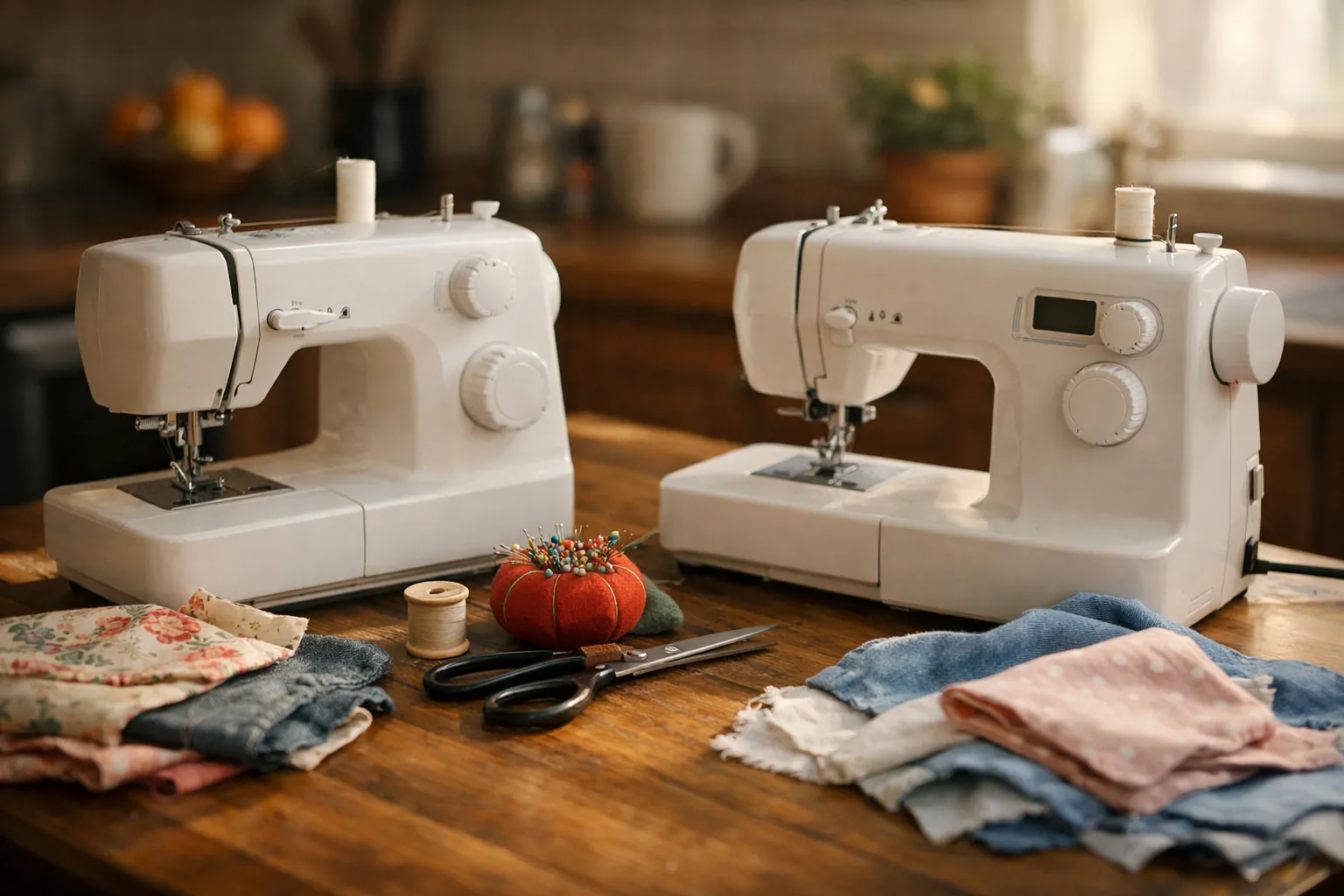 Two small white mechanical sewing machines on a kitchen table with fabric scraps between them