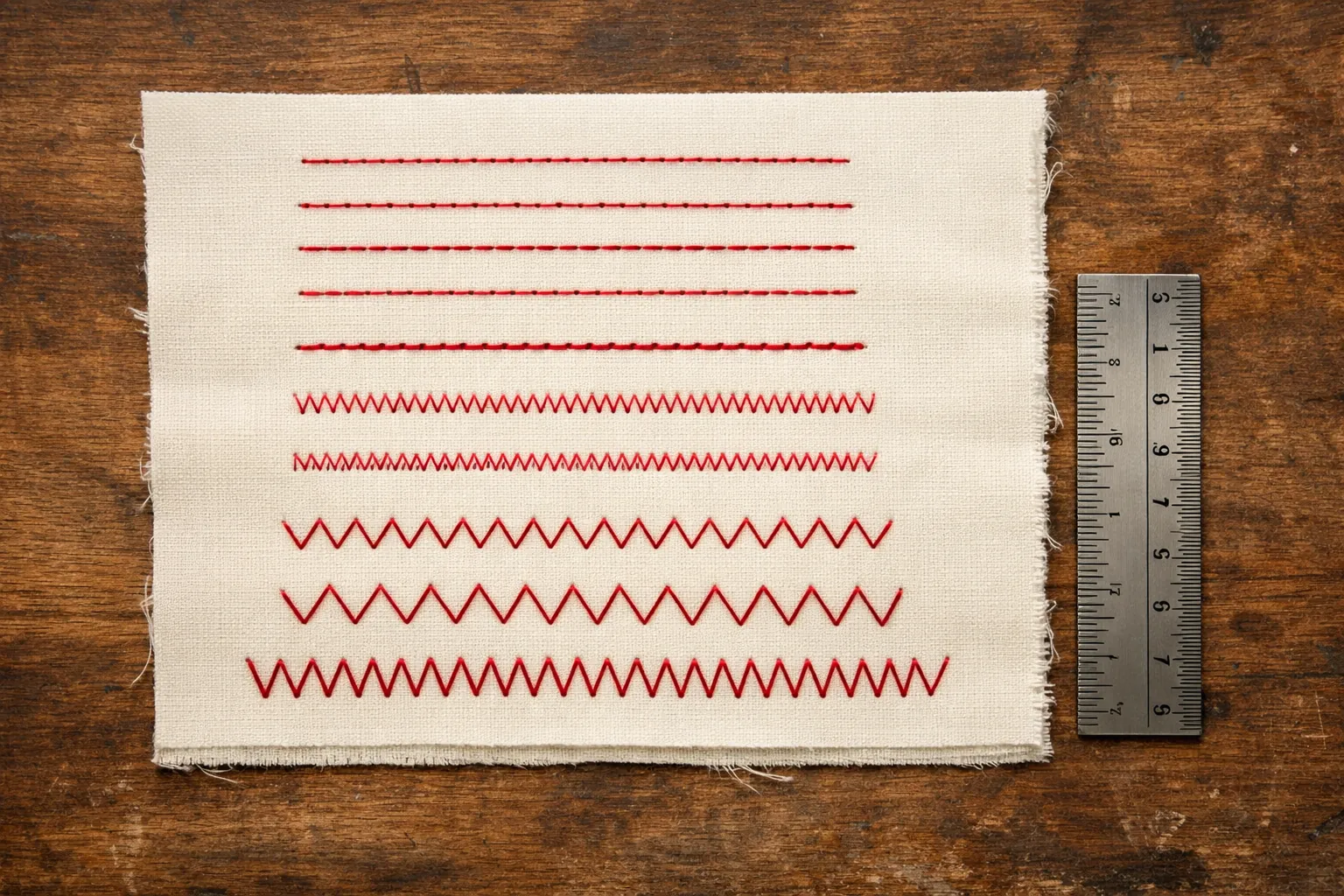 Straight and zigzag stitches of different lengths and widths sewn on cotton