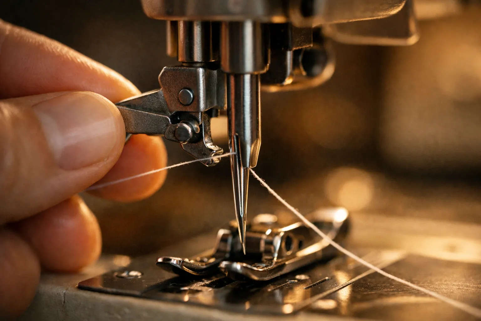 Fingers using a needle threader lever on a sewing machine