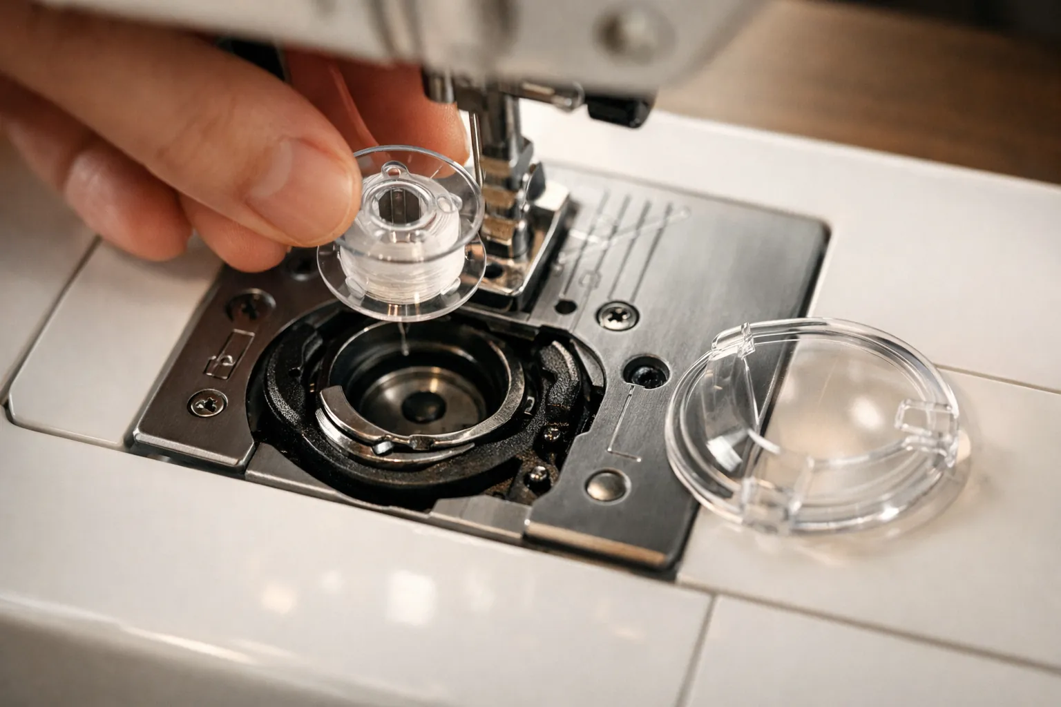 A clear bobbin being dropped into a drop-in bobbin case
