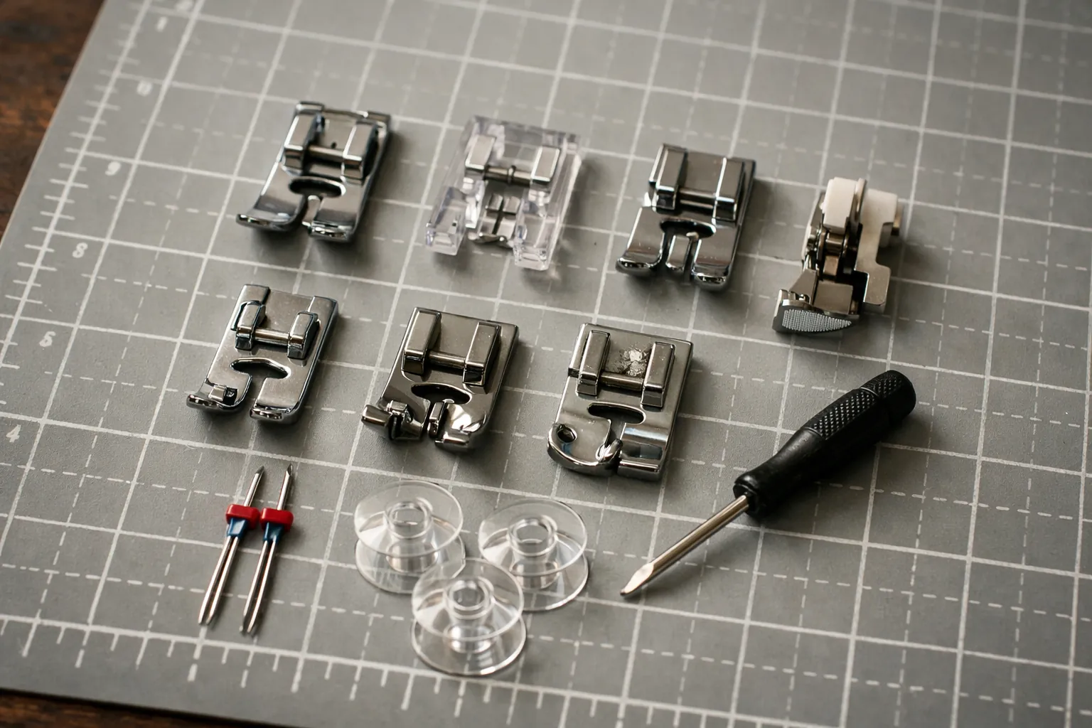Six presser feet, bobbins and a twin needle laid out on a cutting mat