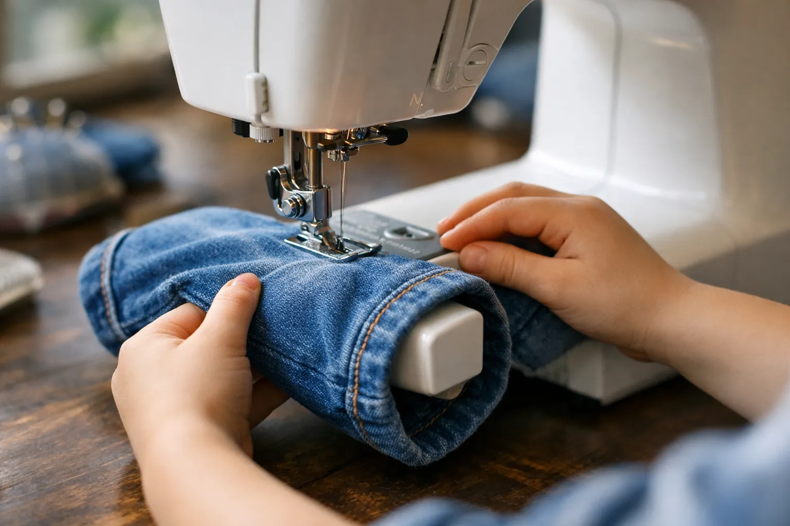 A shirt sleeve slipped around the free arm of a sewing machine