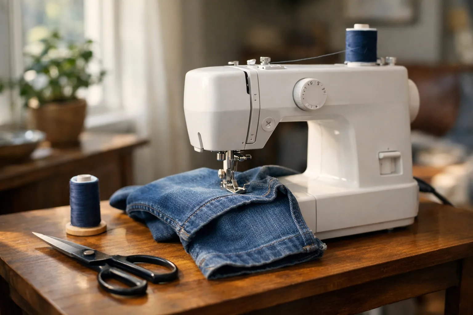 A small white sewing machine on a desk with a pair of jeans being hemmed