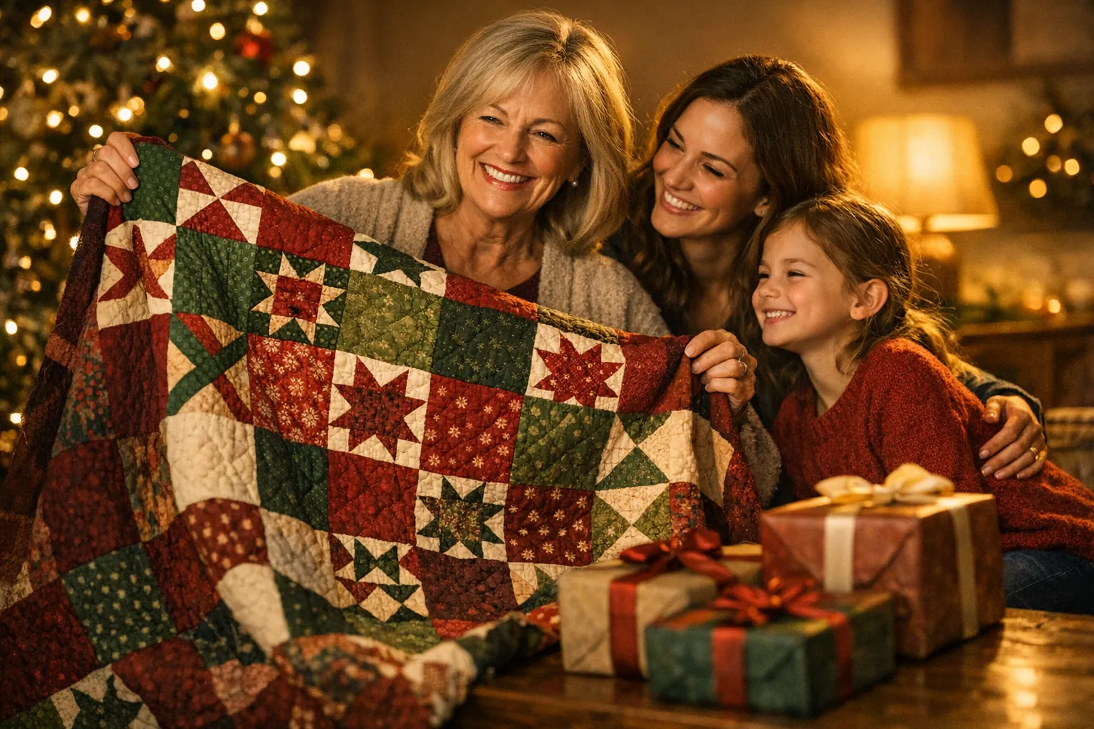 A smiling woman holds up a finished red and green star quilt by a lit Christmas tree, her daughter and granddaughter beside her and wrapped gifts in front