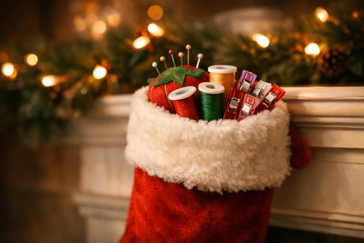 A Christmas stocking on a mantel filled with thread spools, a pincushion and colorful sewing clips