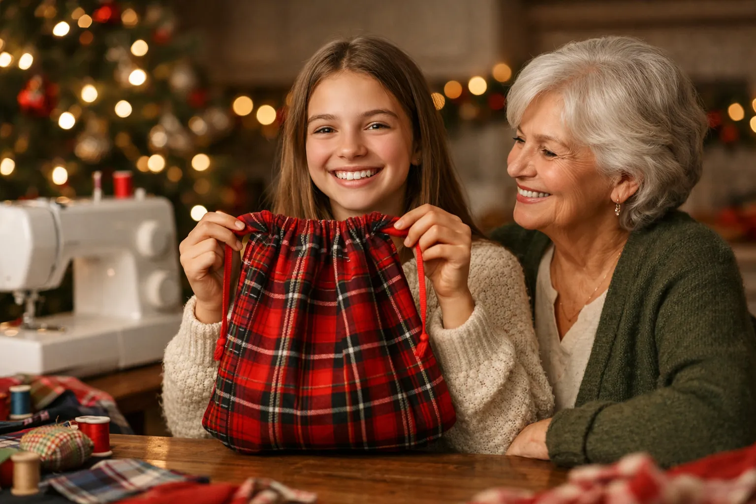 A teenage girl proudly holds up a red plaid bag she sewed, her grandmother smiling beside her