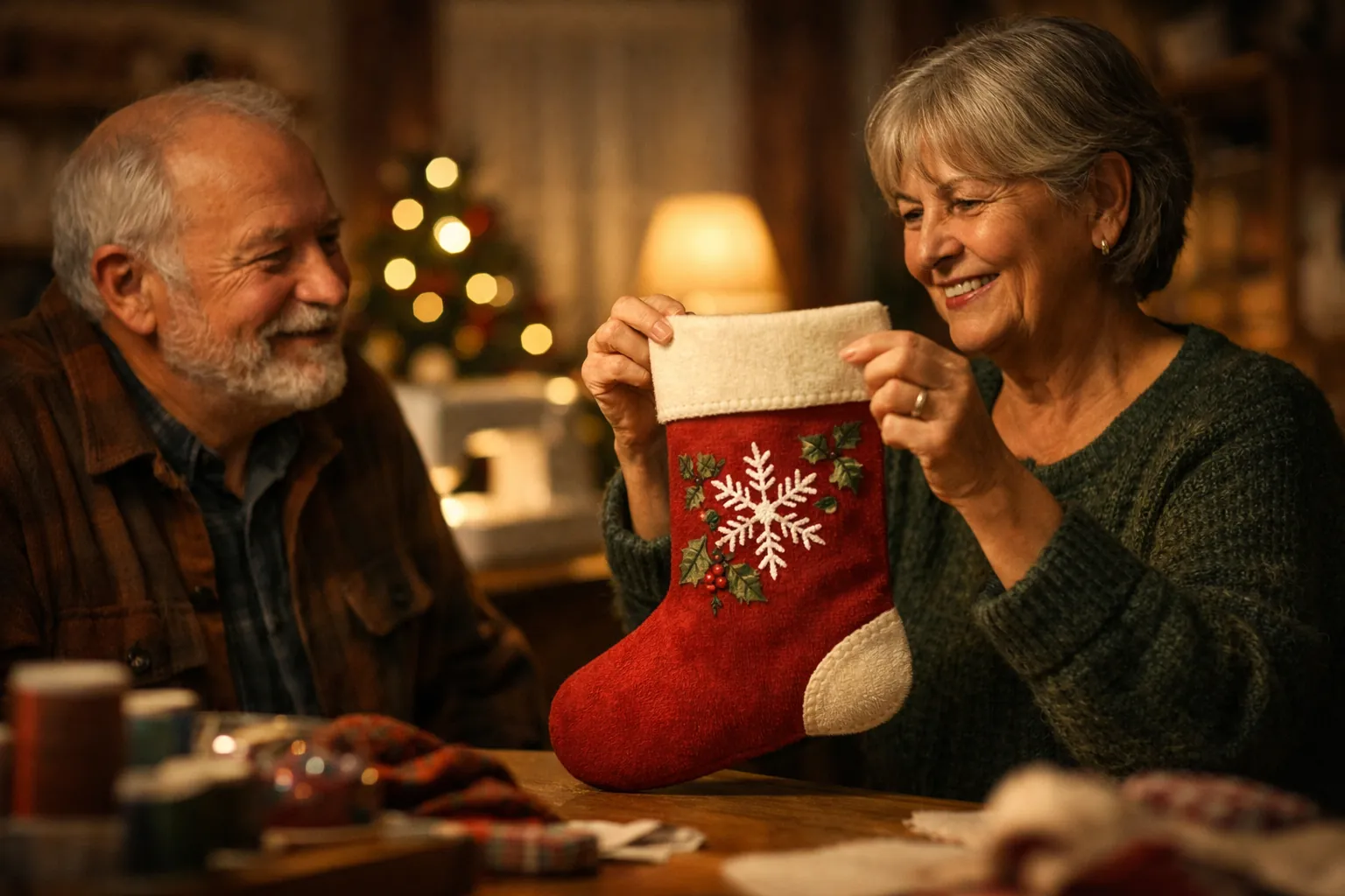 An older woman holds up a finished embroidered Christmas stocking in a cozy sewing room as her husband watches