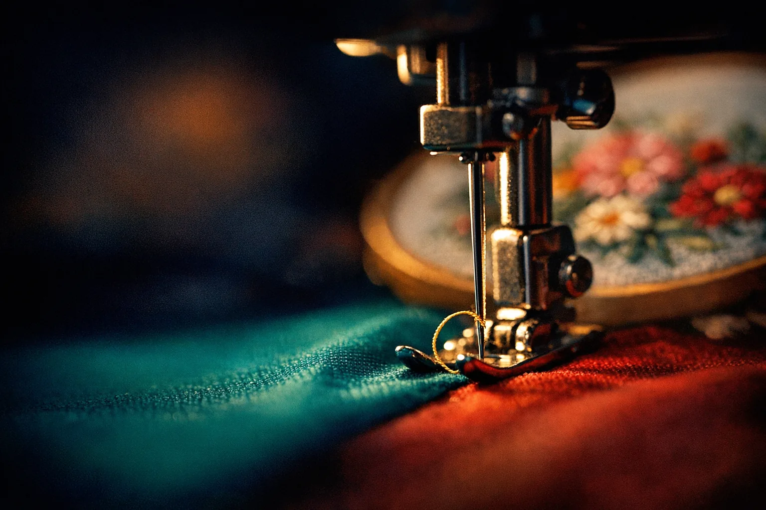A sewing machine needle stitching gold thread through teal and red fabric, with an embroidery hoop behind